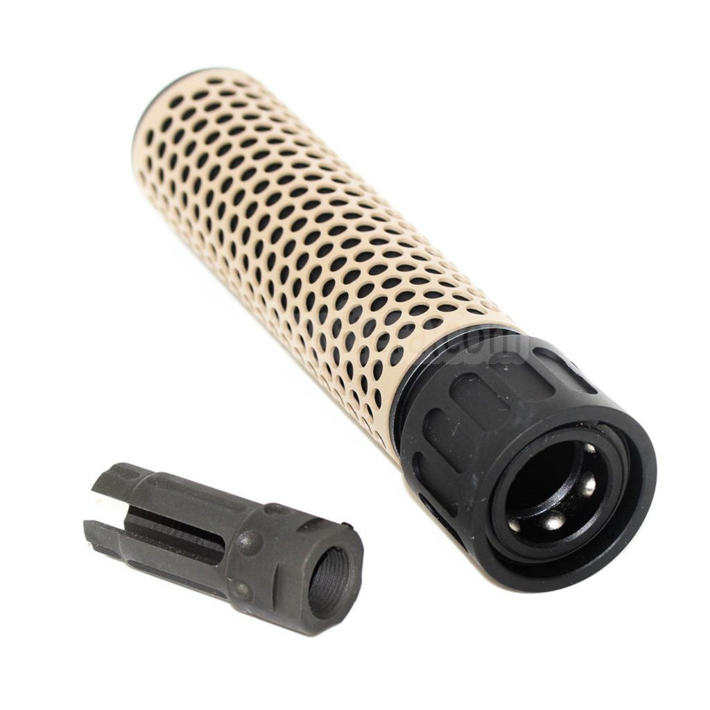 179mm 7インチ 5.56 QDCスタイルサプレッサーサイレンサー（フラッシュハイダー付き）-14mm CCW 反時計回りネジバレルライフル（エアソフトガン用）タン/ブラック