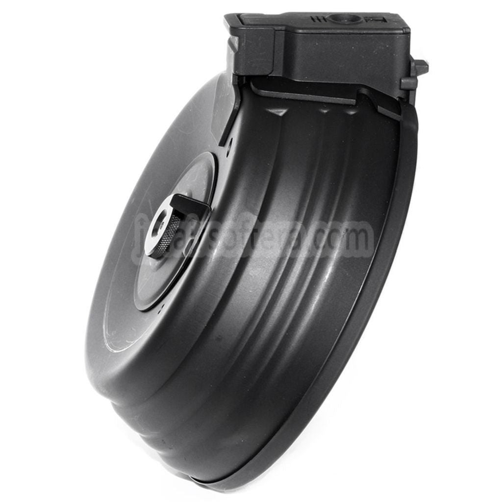 CYMA 2500発 鋼板製ワイヤード&サウンドコントロール電動ドラムマガジン EU 220V プラグ付き充電器 AK シリーズ AEG ライフル エアソフトガン対応 ブラック