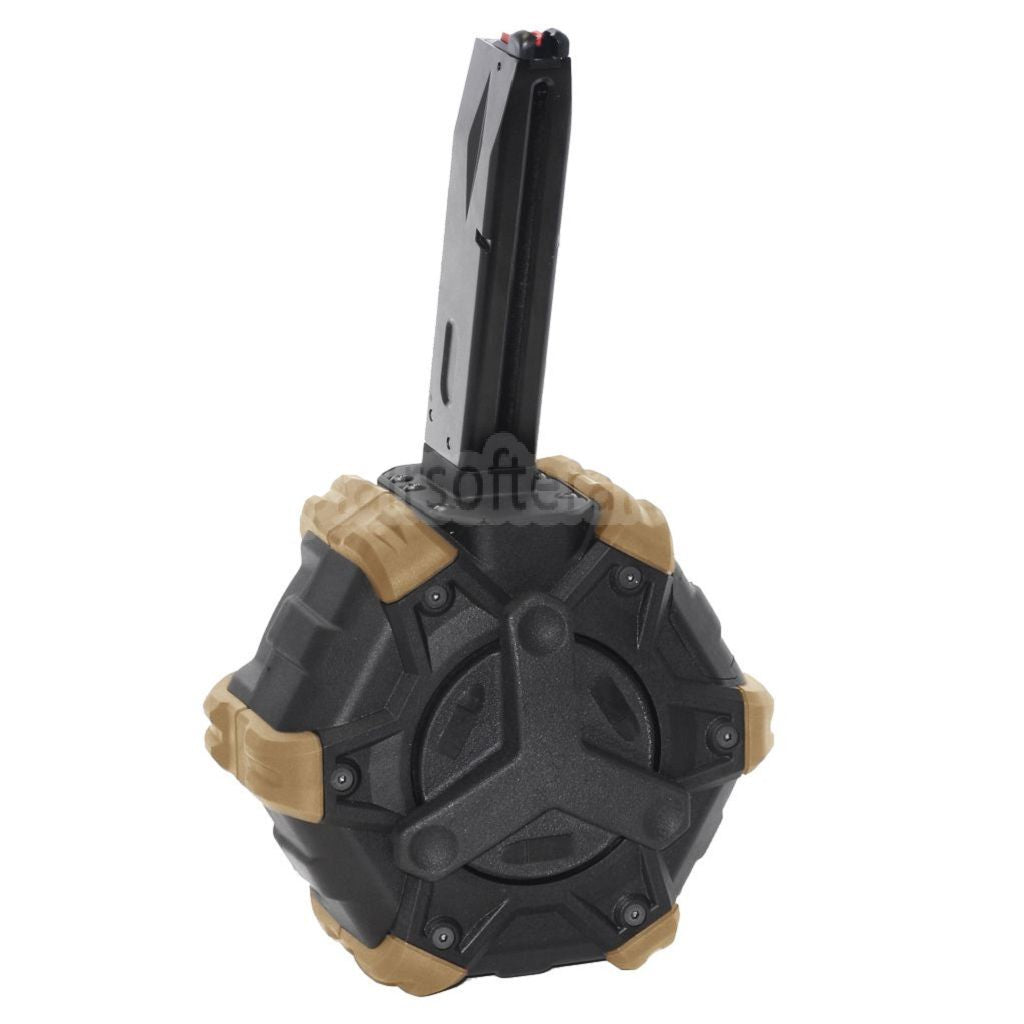 ARMORER WORKS AW カスタム 350発ガスアダプティブドラムマガジン AW MBシリーズ / KJW / WE (WE-TECH) / 東京マルイ M9 M92 GBBピストル対応