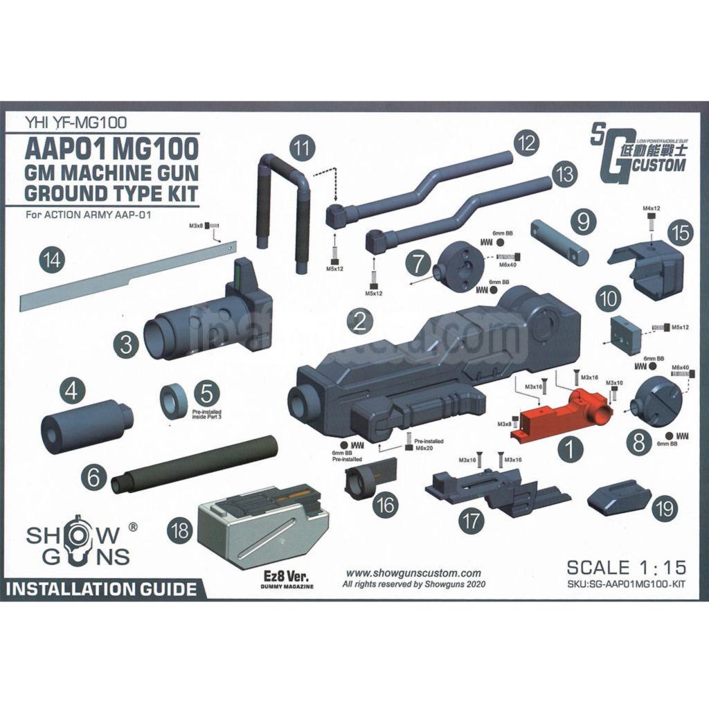 Show Guns Tactical SG RX-79 ガンダム 陸戦型 MG100 マシンガンキット ファイアピッグライトトレーサー付き ACTION ARMY AAP-01シリーズ GBBピストル エアソフトガン対応
