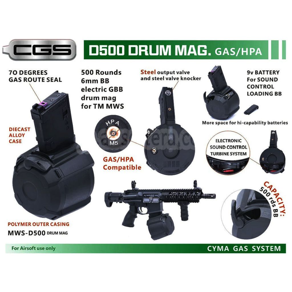 CYMA 500発 電動サウンドコントロールガスドラムマガジン    CYMA CGS 東京マルイ M4 シリーズ MWS GBB ライフル エアソフトガンに適合   ブラック